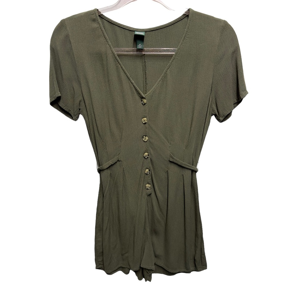 Pure Rayon Gauzy Knit Romper Olive Army Green Short Sleeve V-neck Utility Safari